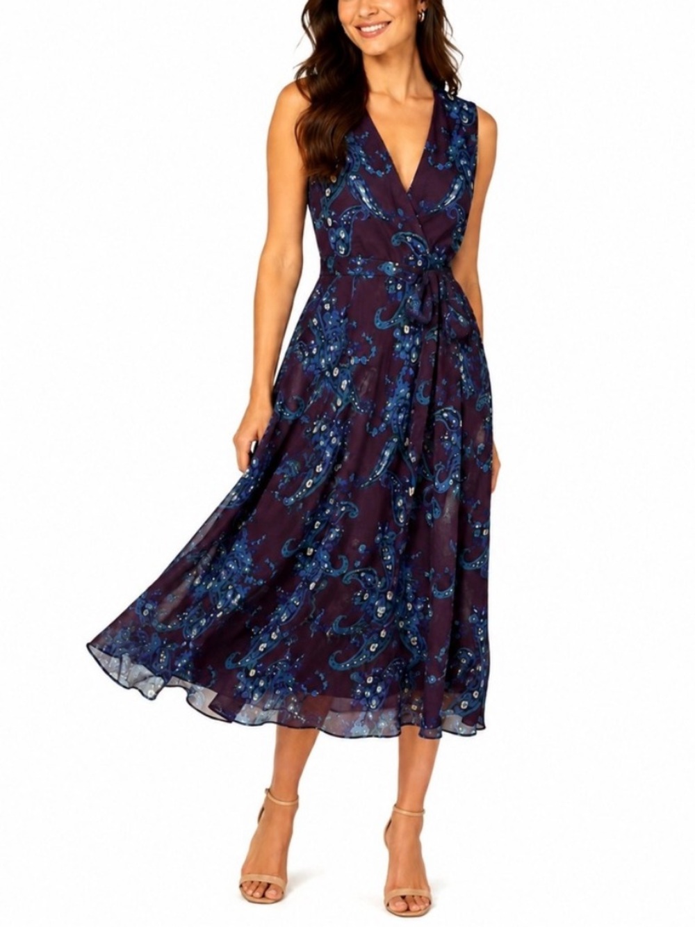 CABI 3461 Chiffon Dress Paisley Sleeveless Plum Purple Blue 8 Flowy